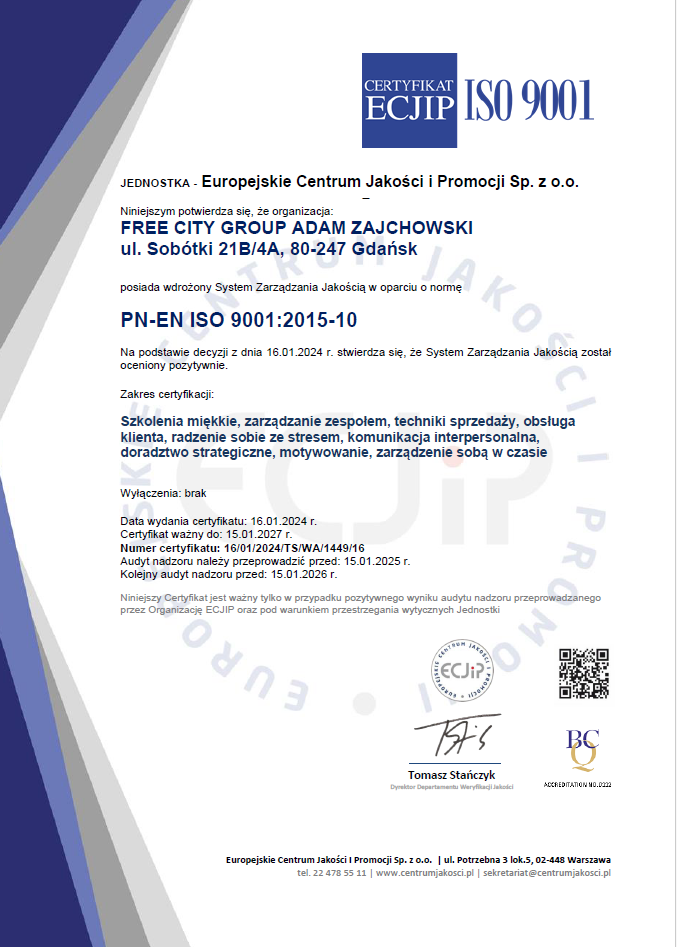 Certyfikat ISO dla Adama Zajchowskiego